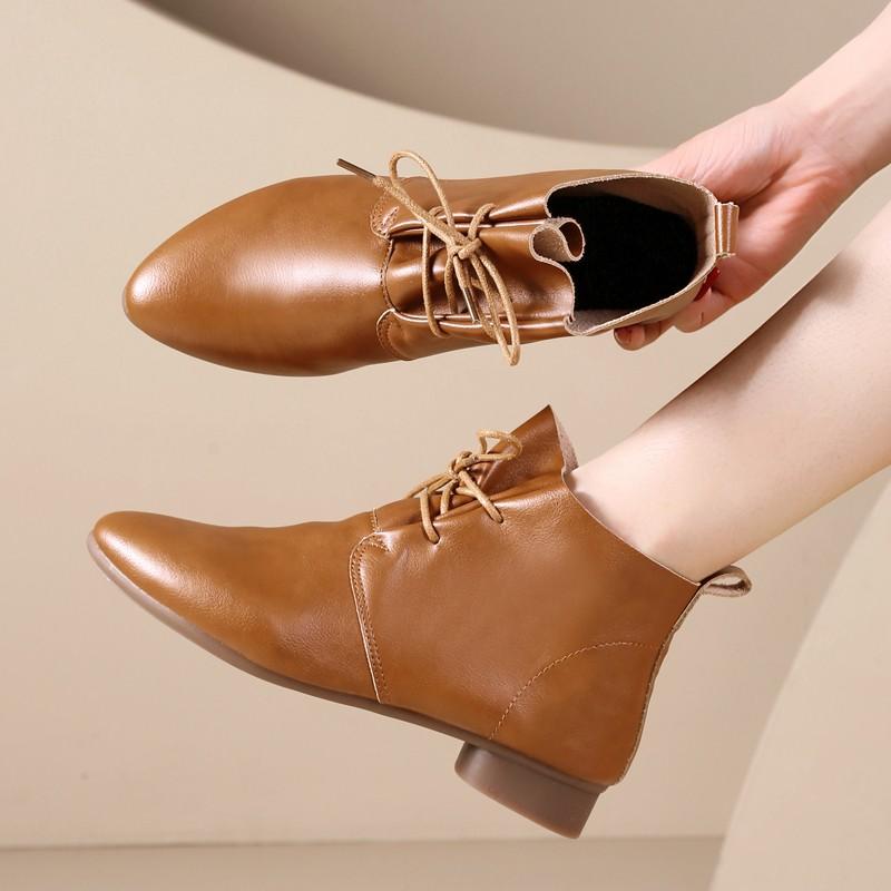 New Women's Ankle Boots Lace Up Leather Shoes Pointed Toe Flats Soft Sneakers for Female Motorcyle Boots Black Booties