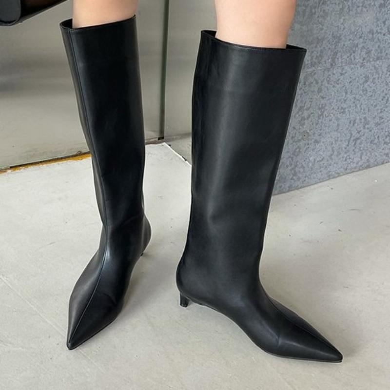 Pointed Toe Women High Boots Leather Sexy Heels Shoes Woman Trend New Snow Boots Low Heels Elegant Goth Mujer Botas