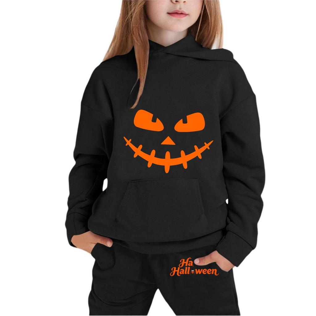 Kids Halloween Hoodie Set Long Sleeve Pullover Sweatshirt with Front Pocket and Elastic Waistband Pants Comfortable Fit for Boys and Girls