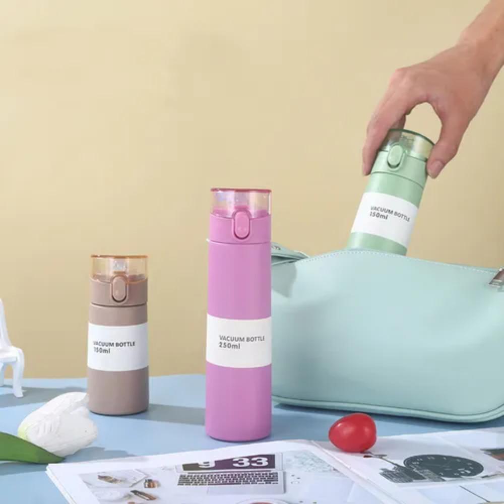 150 ml Mini-Thermosbecher, langlebiger Thermobecher mit Ein-Knopf-Öffnung, hochwertiger Wasserbecher aus Edelstahl mit Strohhalm