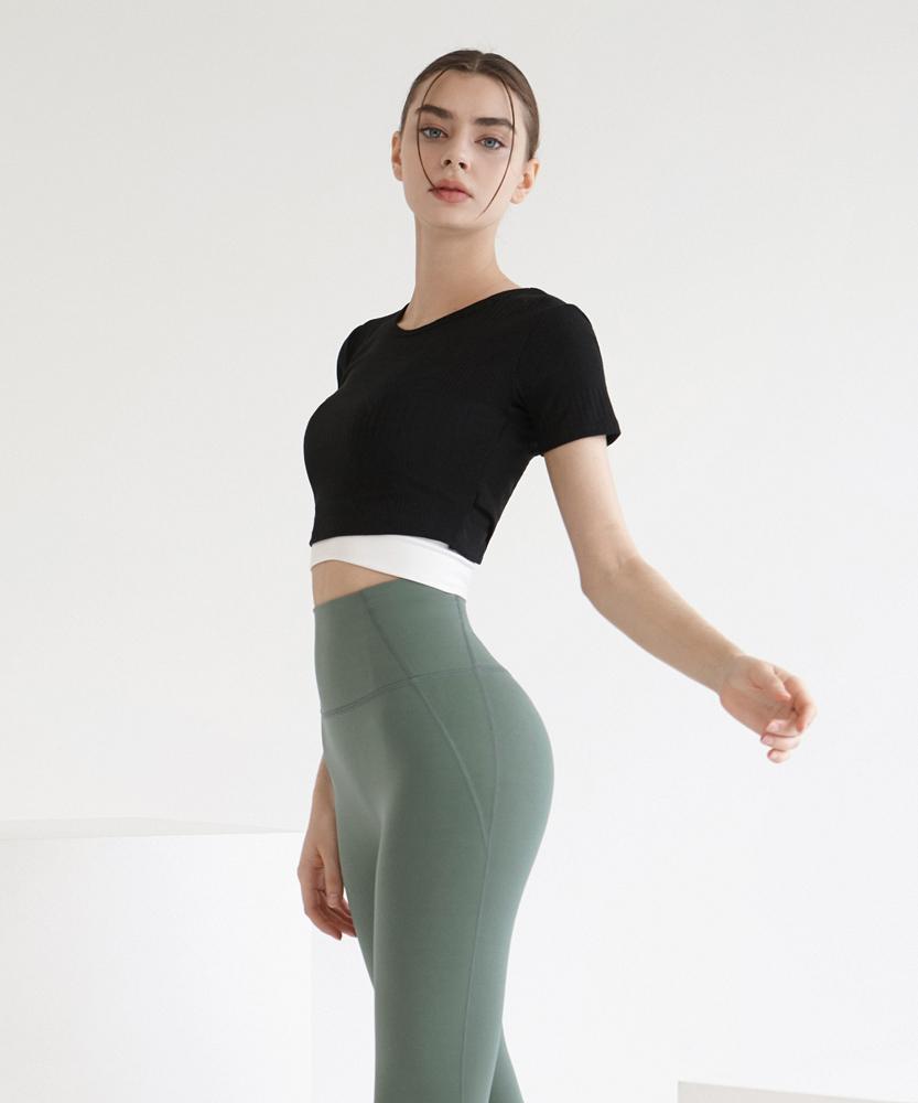 Debiweeo Women'S Yoga Wear Devi-T0072-Black Pilates Twing Ribbed Short Sleeve