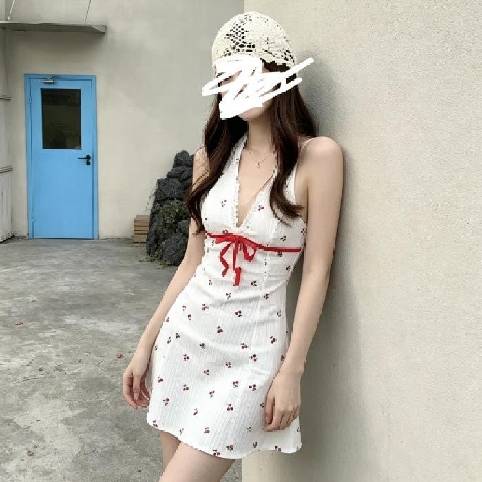 Sweet and Spicy White Cherry Neck Dress, Summer New Backless Waist and Thin Sleeveless A-shaped Dress
