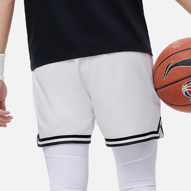 Li Ning Sports Basketball Series American Vintage Logo Print Elastic Waist Basketball Shorts Men Shorts Standard-White AAPT043-3