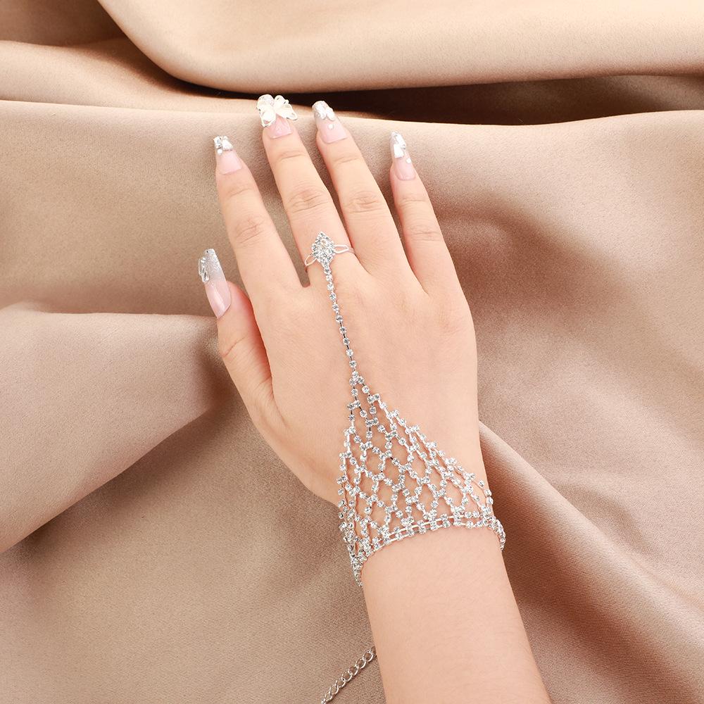 Chic Rhinestone Bracelet with Hand Chain – Nightclub & Bridal Jewelry