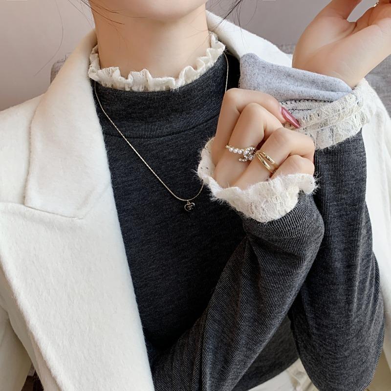 Lace semi-turtleneck bottoming shirt women's spring German velvet inner long-sleeved shirt thickened imitation cashmere versatile top