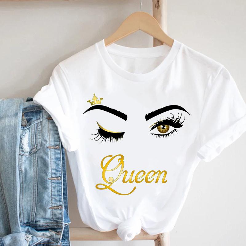 (European size)Eyelashes Women Summer Crown Eye Lashes Printing Fashion T-shirt Short Sleeve Lady Print Tee Top Female Clothing Casual Graphic T-shirt