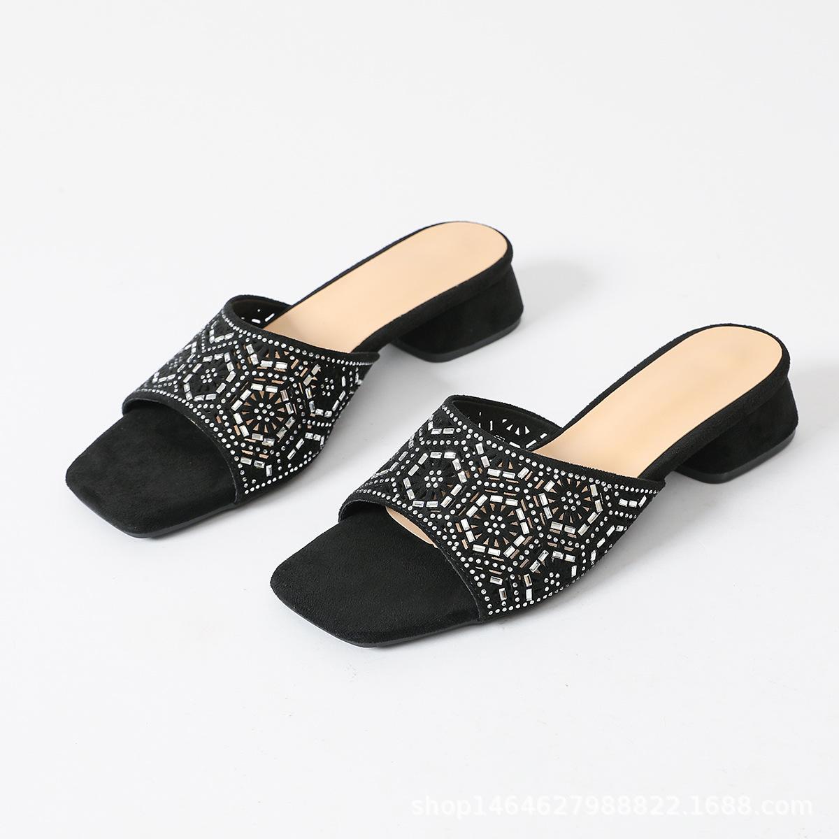 

Летняя новая модная обувь с квадратным носком на одной педали, модные универсальные уличные шлепанцы с открытым носком на высоком каблуке 39 чёрный