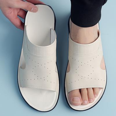 Men Black Leather Slippers Simple Flats Summer White Outdoor Brown Open Toe Beach Shoes Plus Size