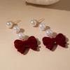 Pearl Red Velvet Bow Earrings Zinc Zinc Alloy New Year Earrings Fashion Wine Red Bow Drop Earrings  Gift