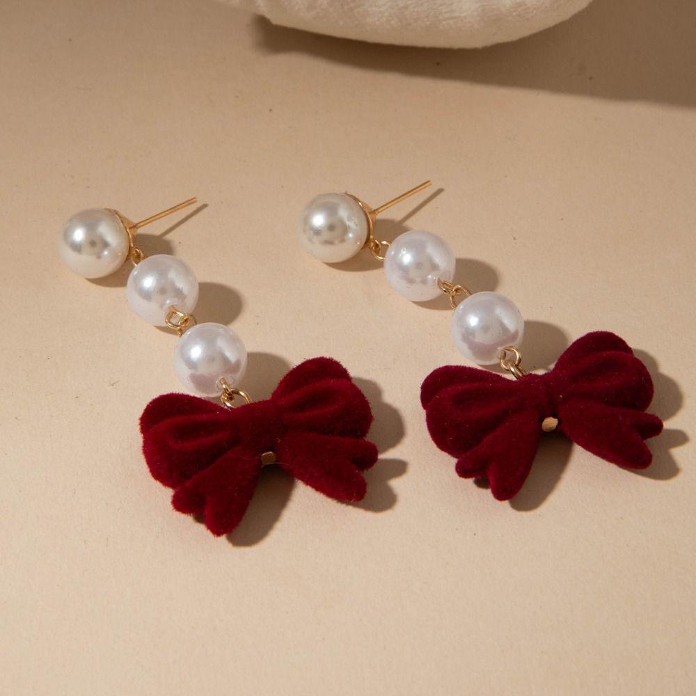 Pearl Red Velvet Bow Earrings Zinc Zinc Alloy New Year Earrings Fashion Wine Red Bow Drop Earrings  Gift