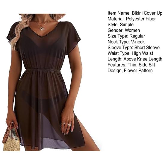Bikini Cover Up Mesh Lightweight Sheer V-Neck Short Sleeve Beach Dress with Elastic Waist Design Anti-UV