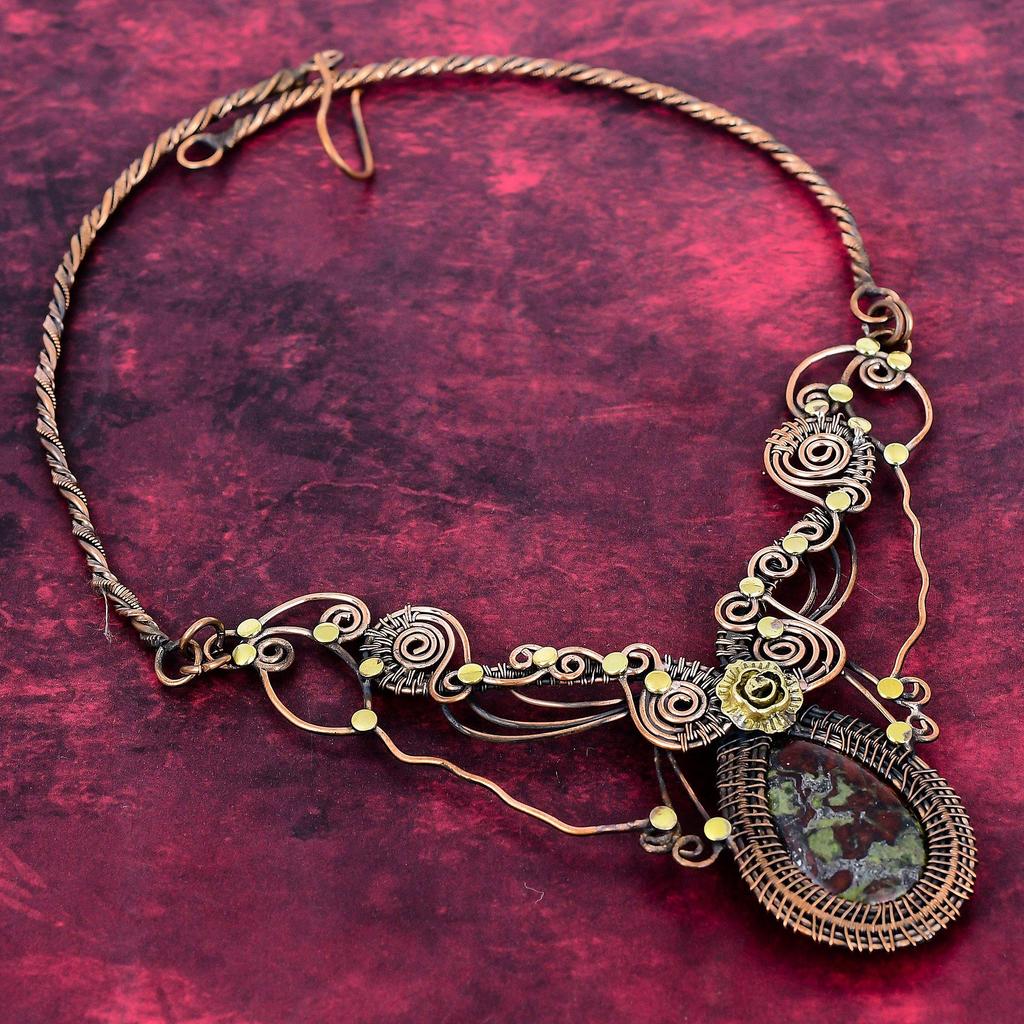 Dragon Bloodstone Gemstone Necklace Copper Wire Wrapped Adjustable Chain Necklace