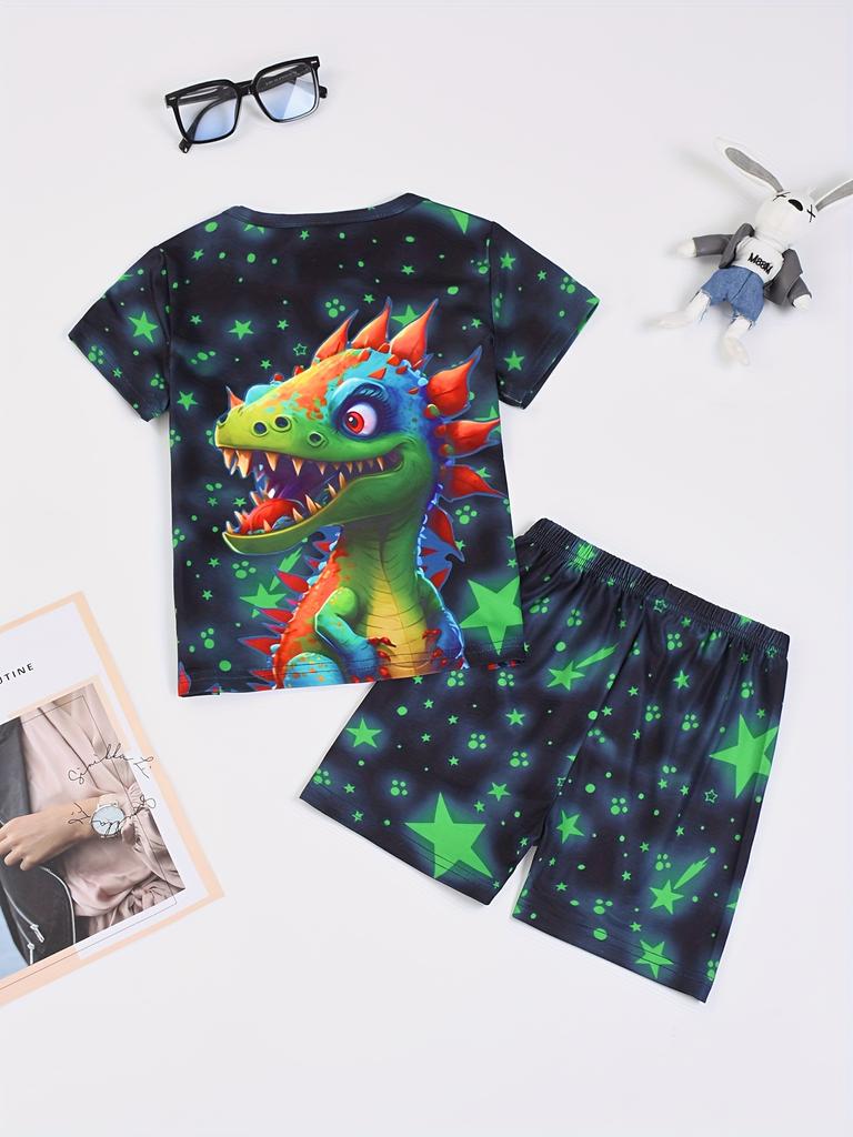 Detský 2-dielny pyžamový set s dinosaurami, ktorý svieti v tme - Pohodlné tričko s okrúhlym výstrihom a šortky - Útulný outfit na spanie alebo hranie
