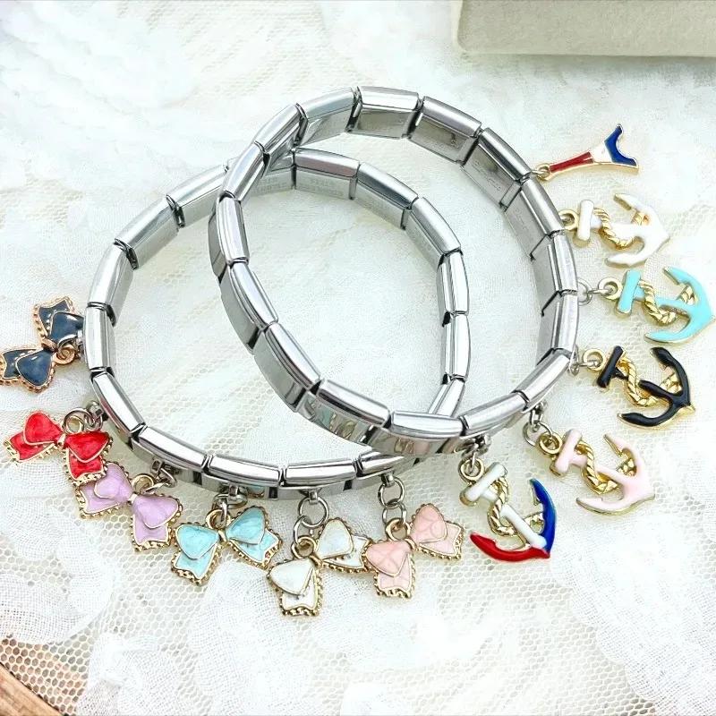 NEW Popular Bow Anchor Pendant Elastic Charm Italian Links Fit 9mm Modular Bracelet Making DIY Jewelry Bulk