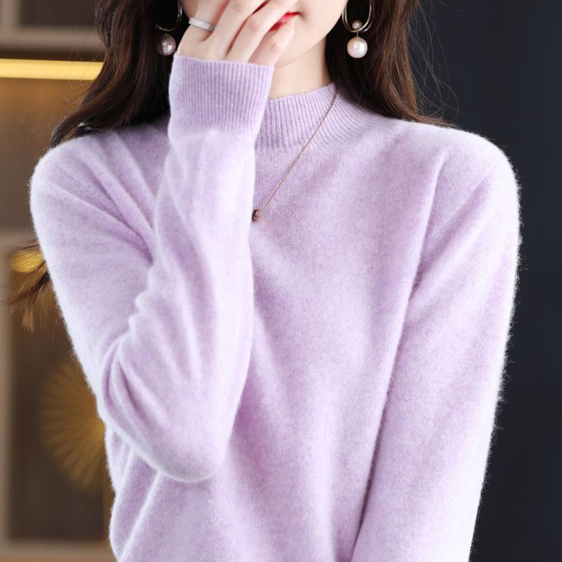 Women's 100% Wool Seamless Pullover Sweater: Autumn/Winter Half-High Neck Base Layer