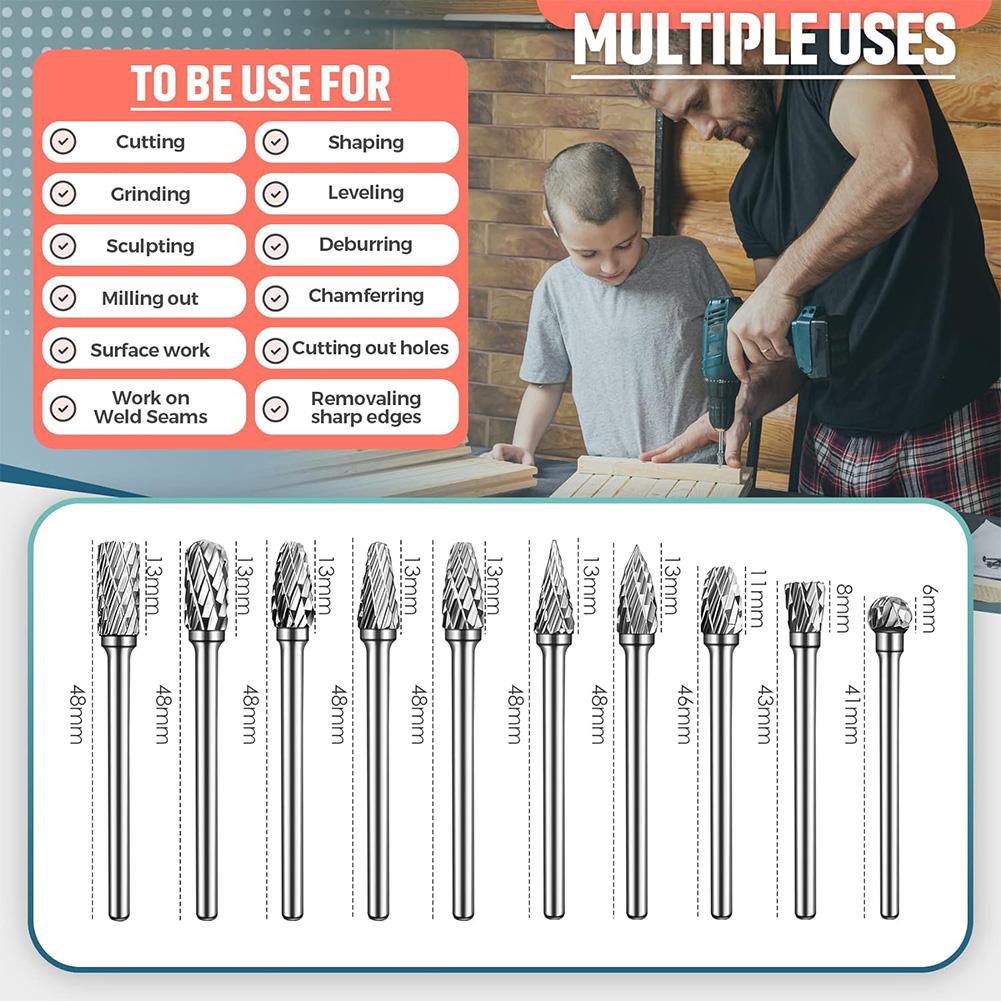 10 Stück Lange Fräser 1/8 Zoll Schaft Vollhartmetall Rotationsfräser Set für Metallschweißnähte Schnitzen Schneiden Gravieren Portieren