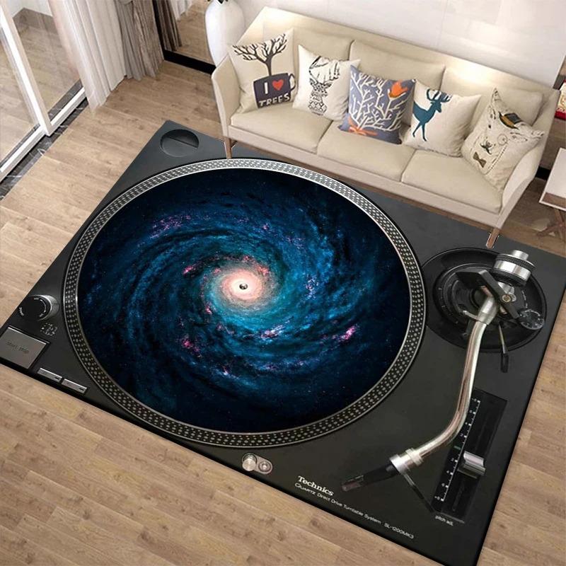 Vintage Turntable Design Living Room Large Carpet Black Turntable Components Vinyl Record Texture Anti-slip Rug for Home Decor