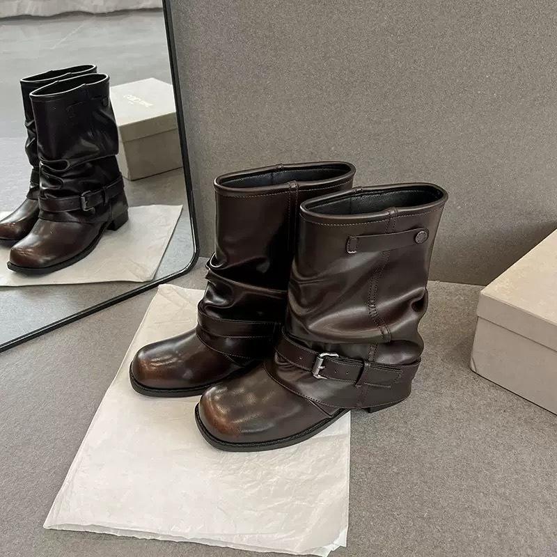 Leather Version~ Spice Girls Western Cowboy Boots Women's Wiping Retro Coarse Heel Knight Boots Pleated Piles Tube Boots Short Boots