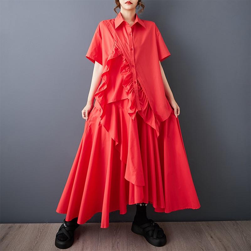 

oversized vintage summer casual 2 two piece set loose shirts for vintage loose tops women blouses button up shirt clothing skirt червоний