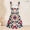 Women Plus Size Strappy Off Shoulder Sleeveless Square Neck Dress Printed Off White Blue Beige Fitted Waist Flared Hem