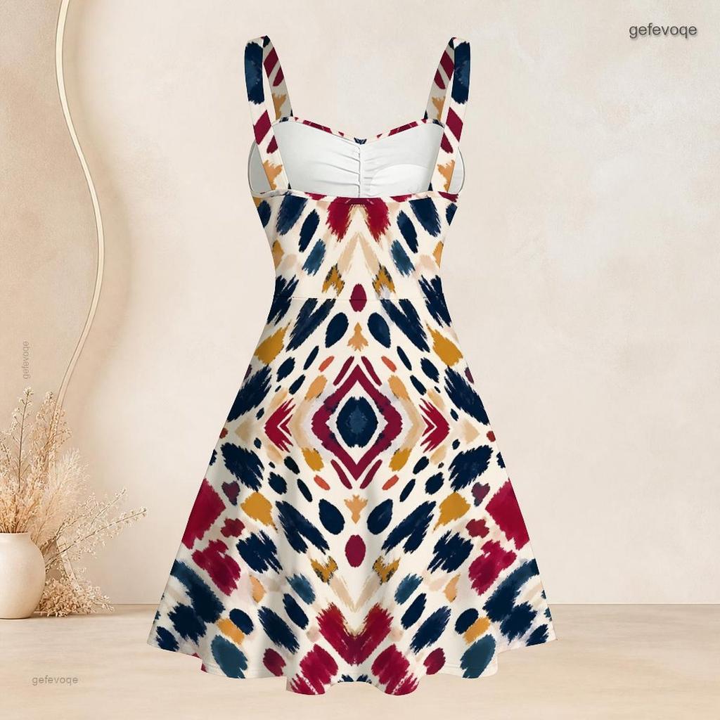 Women Plus Size Strappy Off Shoulder Sleeveless Square Neck Dress Printed Off White Blue Beige Fitted Waist Flared Hem