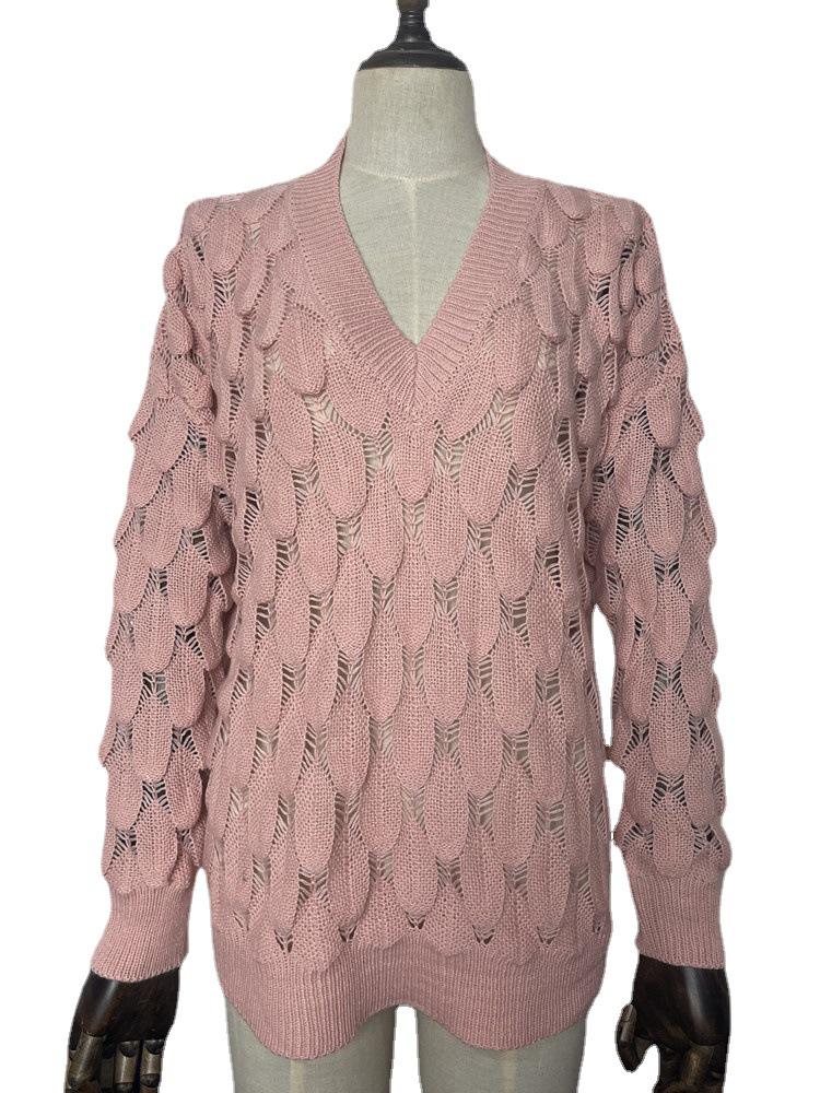 European & American Winter V-neck Hollow Feather Knit Sweater for Women