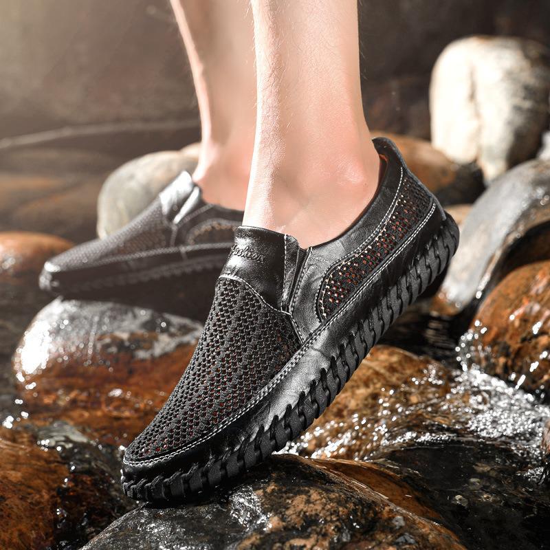 Men's Breathable Mesh Summer Sandals - Size 50, Soft Sole Slip-on Leather Shoes for Dad
