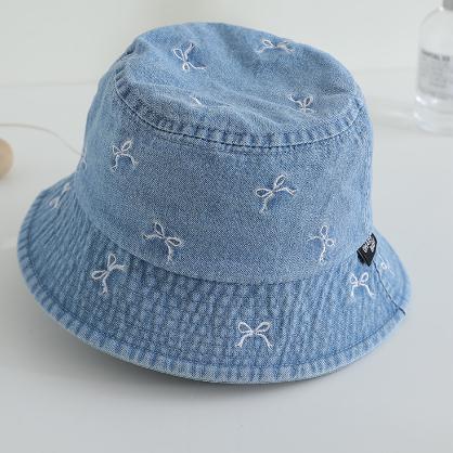 

Spring Summer Baby Fisherman Hats 48-50cm Lovely Bow Pattern Kids Boys Girls Outdoor Sun Hat Fashion Denim Children Bucket Caps 48-50CM синий