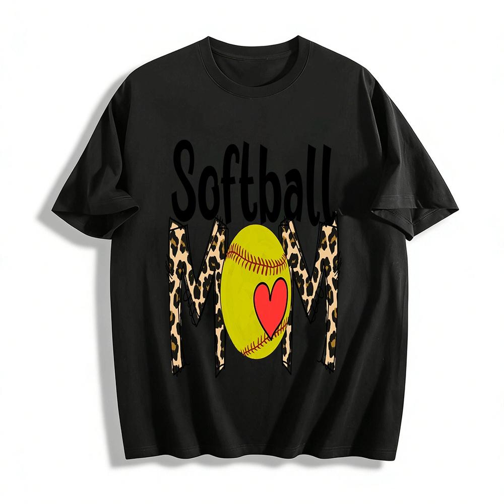 Leopard Print Softball Heart Graphic Tee Softball Mom Casual Top Pure cotton T-shirt XXS
