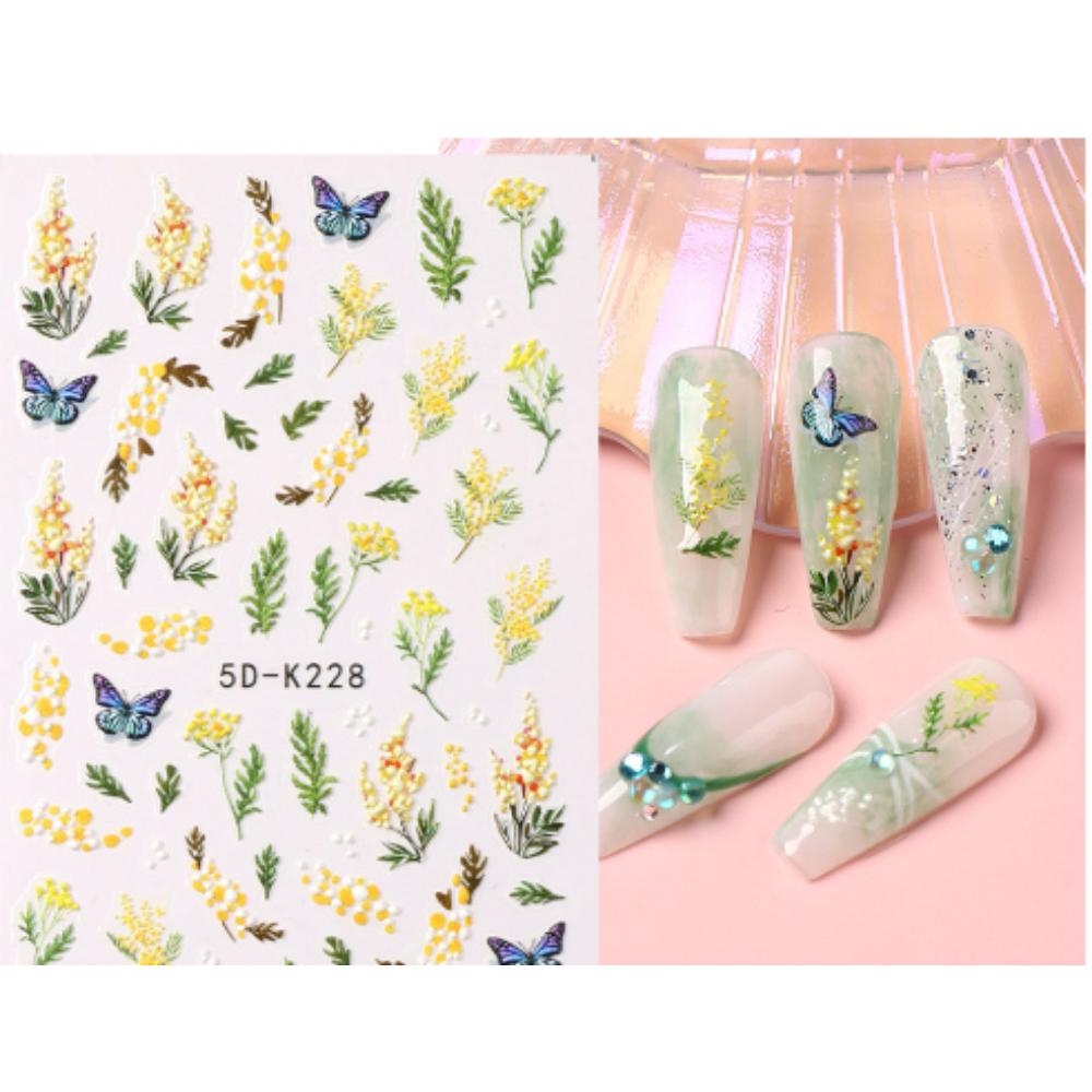 Yellow Mimosa 5D Nail Stickers Embossed Flowers Nails Decals Decor Acrylic Adhesive Sliders Spring Daisy Manicure LA5D-K228