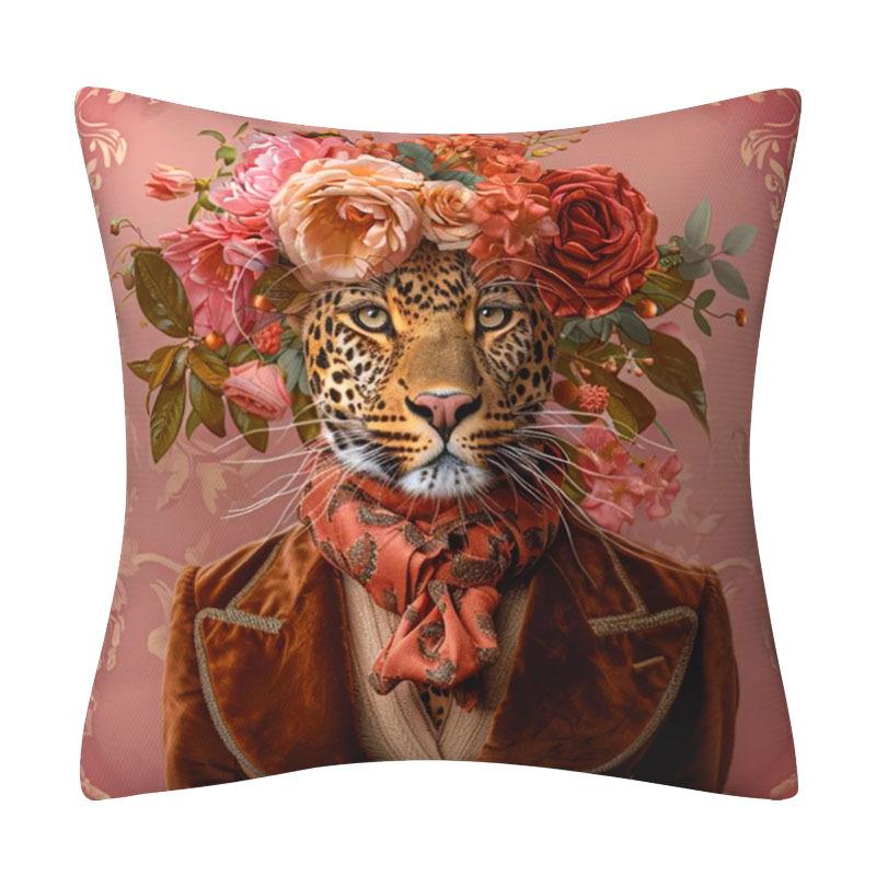 Stylish Dapper Leopard In Purple Pinstripe Suit & Floral Hat – Decorative Throw Pillow Case Cotton Linen Cushion Cover