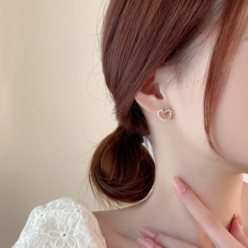 925 Sterling Silver French Pearl Sweet Heart Earrings for Women