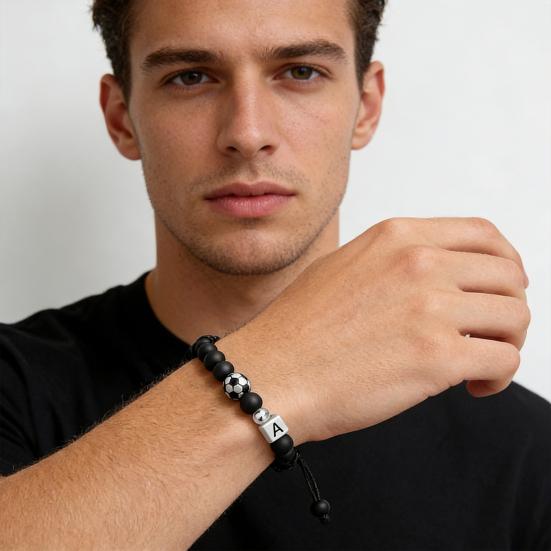 Football Bracelet for Men Black Matte Beads Bracelet A-Z Letter Adjustable Bracelet with Card Gift for Football