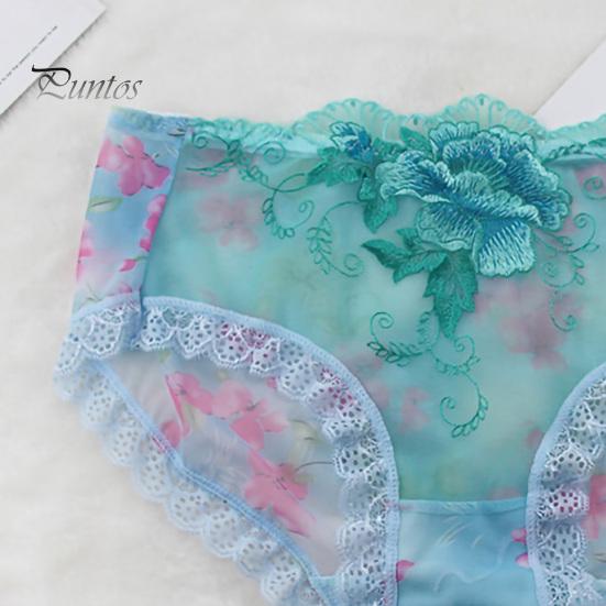 Underpants Women Panties Rose Embroidery Flower Print Mid Waist Stretch Briefs See-through Lace Sexy Ladies Underwear Daily Wear