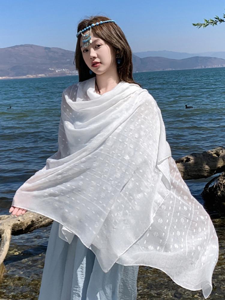 Yto Scarf Women's White Elegant Embroidery Flower Silk Scarf Headscarf Beach Wrap Shawl Sunscreen Bandana Hijab Mujer Scarve Pareo Summer Cm