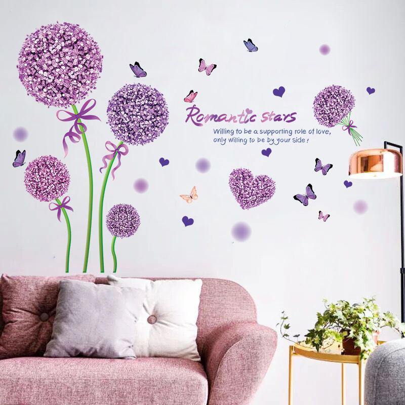 Romantic Pink Dandelion Butterfly Wall Stickers for Living Room Bedroom Home Decor Wall Art Decals