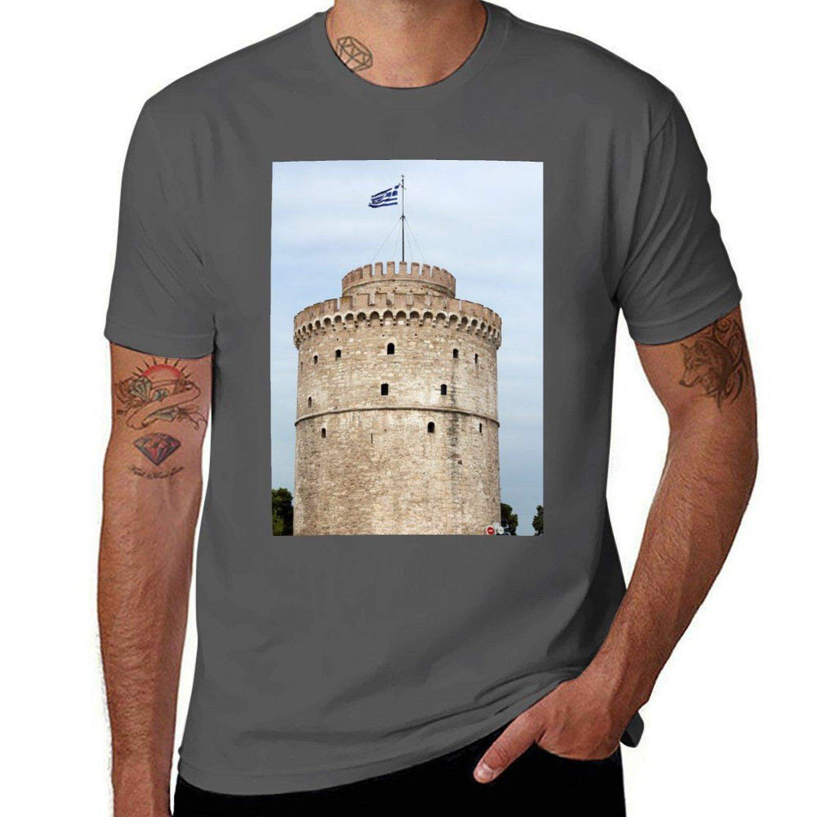 

Thessaloniki famous landmark white tower T-Shirt t shirt men 100% cotton luxury brand t shirt custom print T-Shirt 4XL