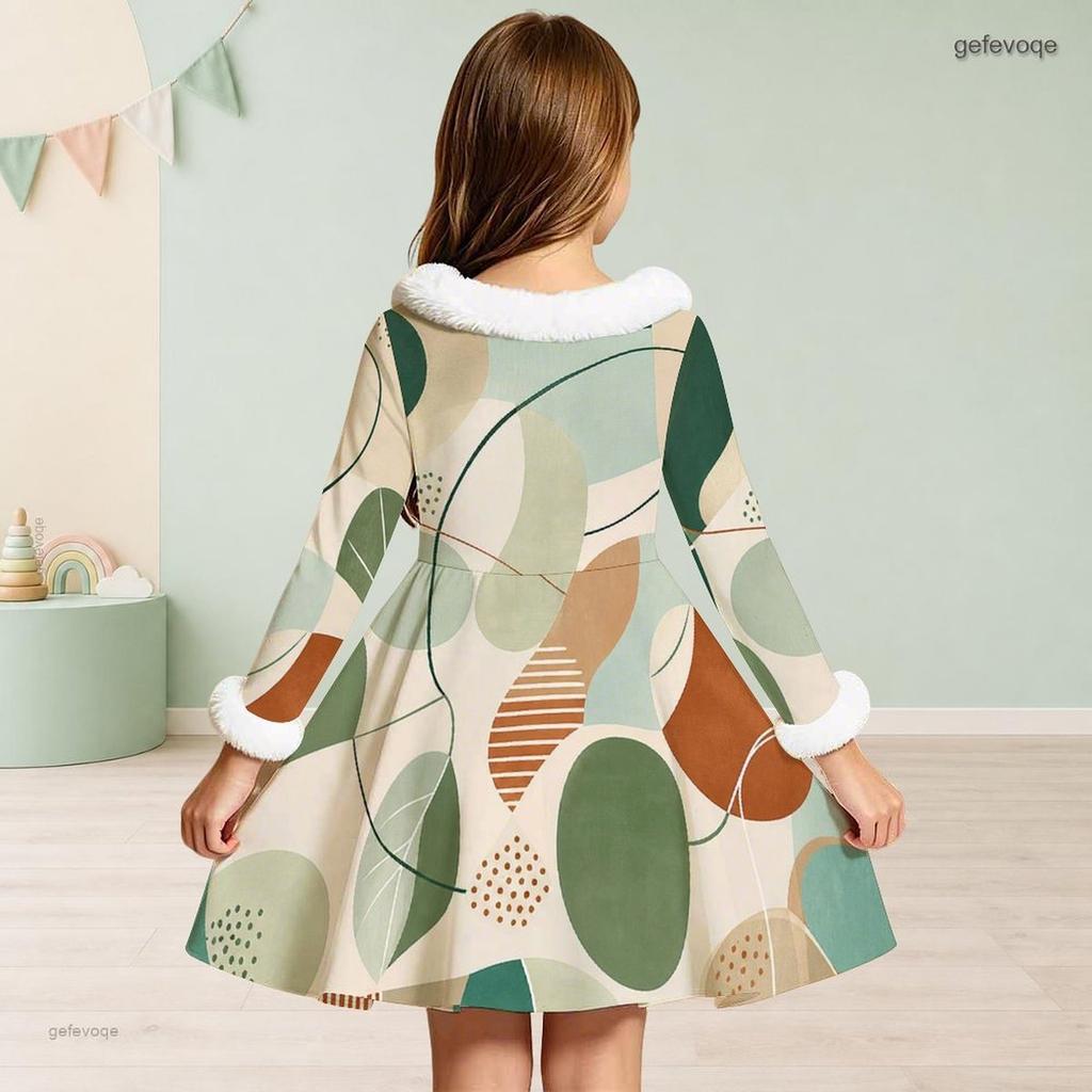 Girls Faux Fur Trim High Neck Long Sleeve Geometric Printed A Line Flared Dress