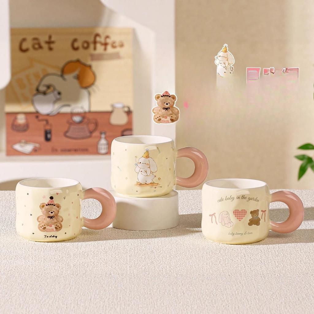 Cute Bear Cup Animal Mug with Lid Spoon Ins Style Girls Ceramic Cup Set Breakfast Cup Office