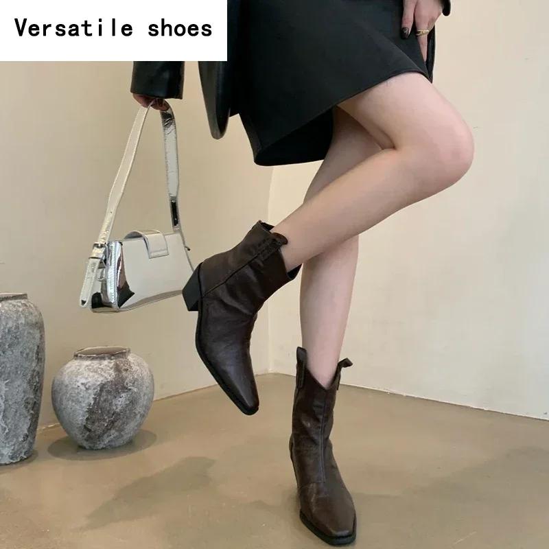Pointed Toe Women Western Cowgirl Boots Fashion Slip On Shoes Autumn Winter Thick Heel Women's Knight Short Booties
