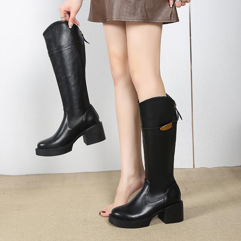 Fashion New High Boots for Autumn and Winter Women's Fashion Round Toe Back Zipper Sole Metal Buckle Non-slip Block Heel Shoes