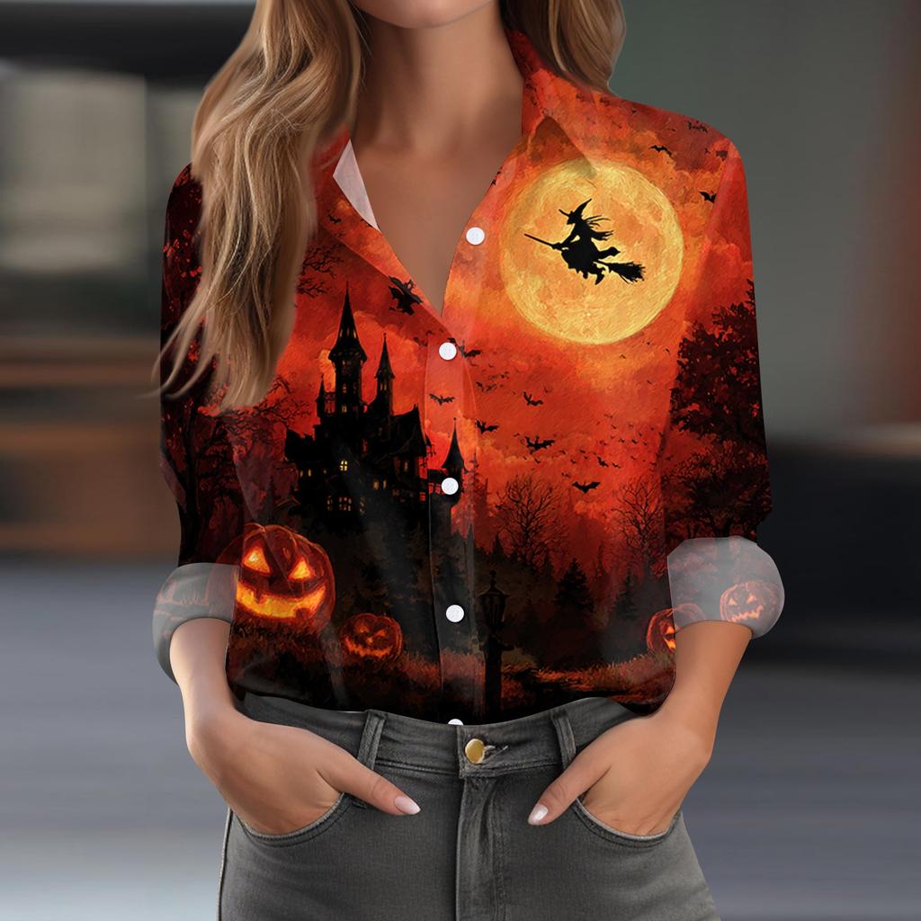 Women's Casual Long Sleeve Half Button Down Shirt with Halloween Print for Fall