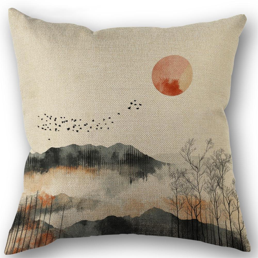 Boho Mountain Watercolor Art Print Pillowcase Wedding Decorative Linen Pillow Case For Home Pillow Cover 45X45(One Sides)