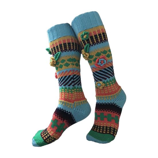 

Retro Knitted Knee Socks Women Crochet Knee High Socks with 3D Flowers Warm Colorful Socks Leg Warmers for Girls Boots Indoor Street Wear