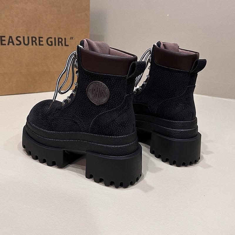 Fashion 9CM Women New Autumn Winter Leather Ankle Boots Chunky Heels Motorcycle Boots Woman Thick Bottom High Platform Short Booties