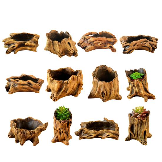 Flowerpot Hand-Painted Imitation Old Tree Stump Shape Outdoor Garden Planter Cement Texture Weatherproof Plant Container