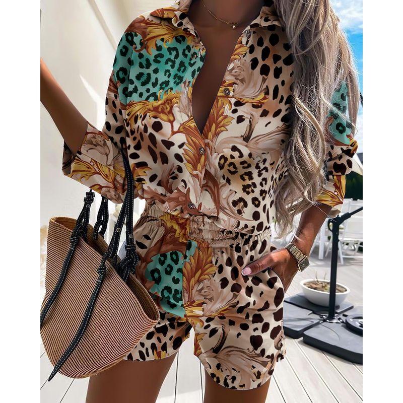 

Printed Buttons Shirt Short Set Print Button Design Shirt Shorts Suit Leopard Green M