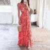 Spring New Arrival Women's Sexy Deep V-Neck Waist-Baring Print Long Dress European American Style Crossborder Women Clothing