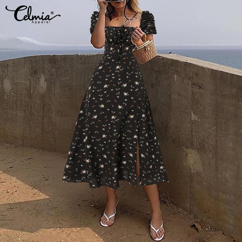 

Летнее женское свободное платье макси с квадратным воротником и разрезом Celmia с цветочным принтом и короткими рукавами L чёрный