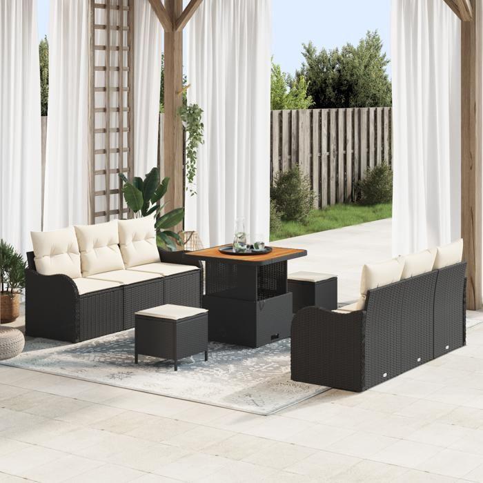 Ensemble de Canapés de Jardin 9 pièces vidaXL avec coussins Noir Rattan Synthétique Acacia, Canapé de Jardin 2 places vidaXL 3362215